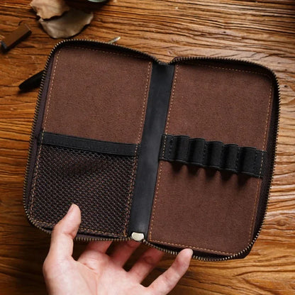 Zipper Retro Pen Pouch Leather Pencil Case Cowhide Men Pencil Bag with Pen Slots for School Students Large Capacity Pencil Bag