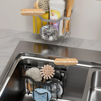 Multifunctional Sponge Holder Kitchen Sink Organizer Rustproof Stainless Steel Sink Caddy for Sponge Brush Sink Stopper Scraper