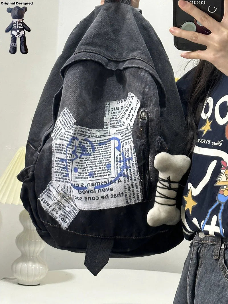 Y2K Goth Backpack For Women Stars Collage Denim Shoulder Punk Bag Large Capacity School Backpack Travel Bags