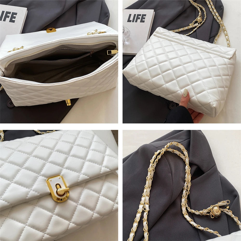 Burminsa Quilted Large Chain Shoulder Bags For Women 2024 Trend Designer Crossbody Bags PU Leather Ladies Handbags Black White