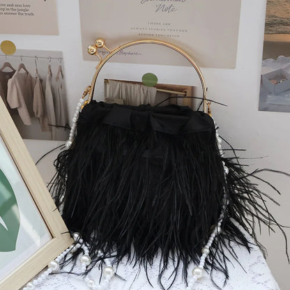 Women Evening Clutch Bag Pearl Strap Chain Shoulder Bag All-matching Ostrich Feather Handbag Wedding Purse Lady Tote Bag