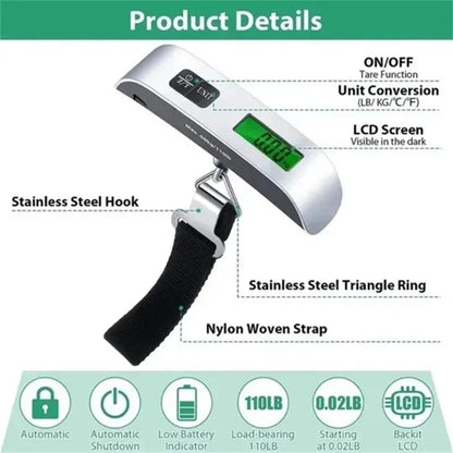 Portable Digital Luggage Scale LCD Display 110lb/50kg Handheld Hanging Travel Baggage Electronic Scale Suitcase Weight Scales