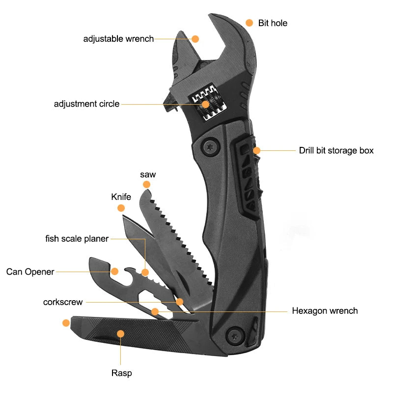 This mini multi-functional tool combines a wrench, screwdriver, folding knife, and saw, making it suitable for outdoor activities and household tasks. It's a convenient combination of essential hand tools