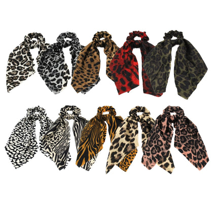 Vintage Leopard Print Satin Long Ribbon Ponytail Scarf Hair Tie Scrunchies Women Girls Elastic Hair Bands Hair Accessories