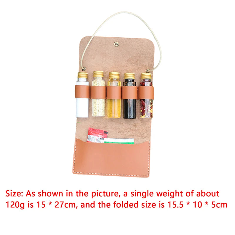 1Pc Outdoor Camping Spice Bottle Set Portable Folding Leather Waterproof Large Capacity Camping Hiking Picnic BBQ Seasoning Bag