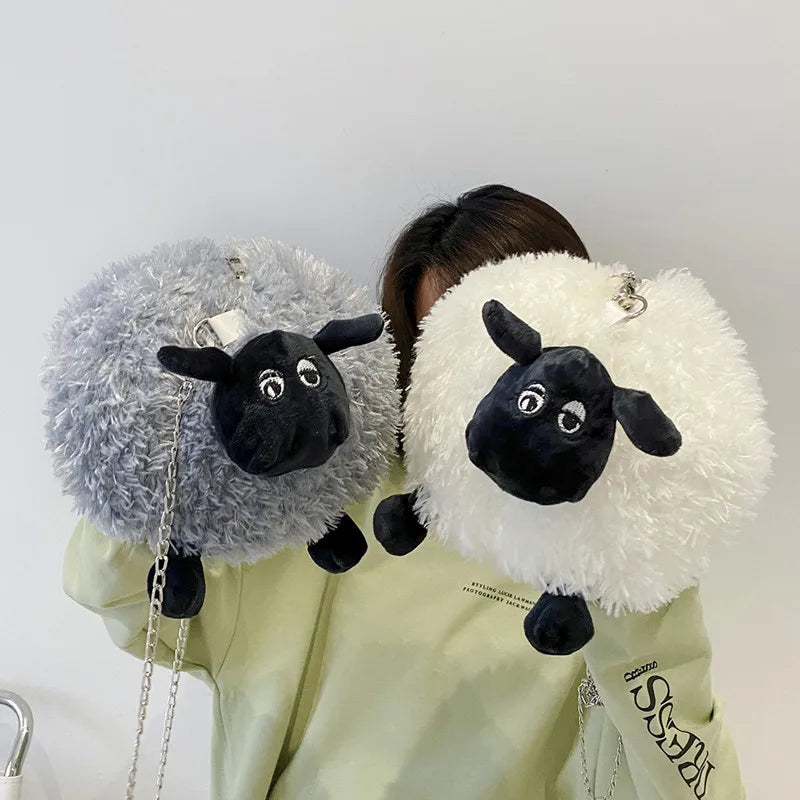 Cute Fluffy Soft Lamb Bag Women Cartoon Sling Bag Fluffy Animal Crossbody Bag Shoulder Bag Fur Soft Strip Bag Plush Back Pack