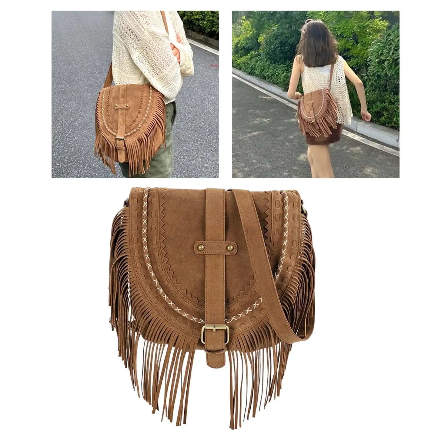 Fashion Retro Handmade Faux Suede Tassel  Womens Shoulder Crossbody Messenger Bag Tassel Boho Handbag for Women Summer