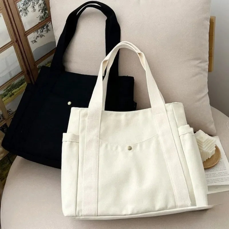 Woman's Fashion Large Capacity Canvas Tote Bags for Work Commuting Student Solid Color Single Shoulder Bags Simple Handbags