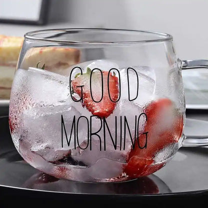 350ML Transparent Glass Coffee Tea Mug Creative Letter Printed Drinks Dessert Breakfast Milk Cup Mugs Handle Drinkware