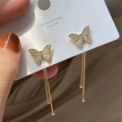 Delicate Gold Color Butterfly Zircon Tassel Earrings Fashion Women Party Jewelry Summer Trend Accessories Valentine's Day Gifts