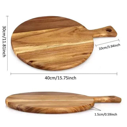 Acacia Wood Round Cutting Board with Handle 40x30cm Pizza Paddle&Serving Board for Home Baking,Cheese,Fruits, Bread,Charcuterie