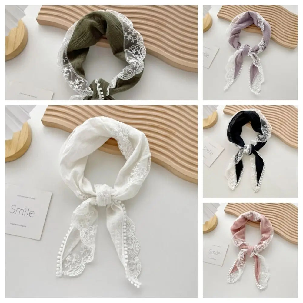 Solid Lace Hair Scarf Temperament Headband Cotton Linen Sweet Neckerchief Soft Wrap Hair Band Triangle Scarves Women