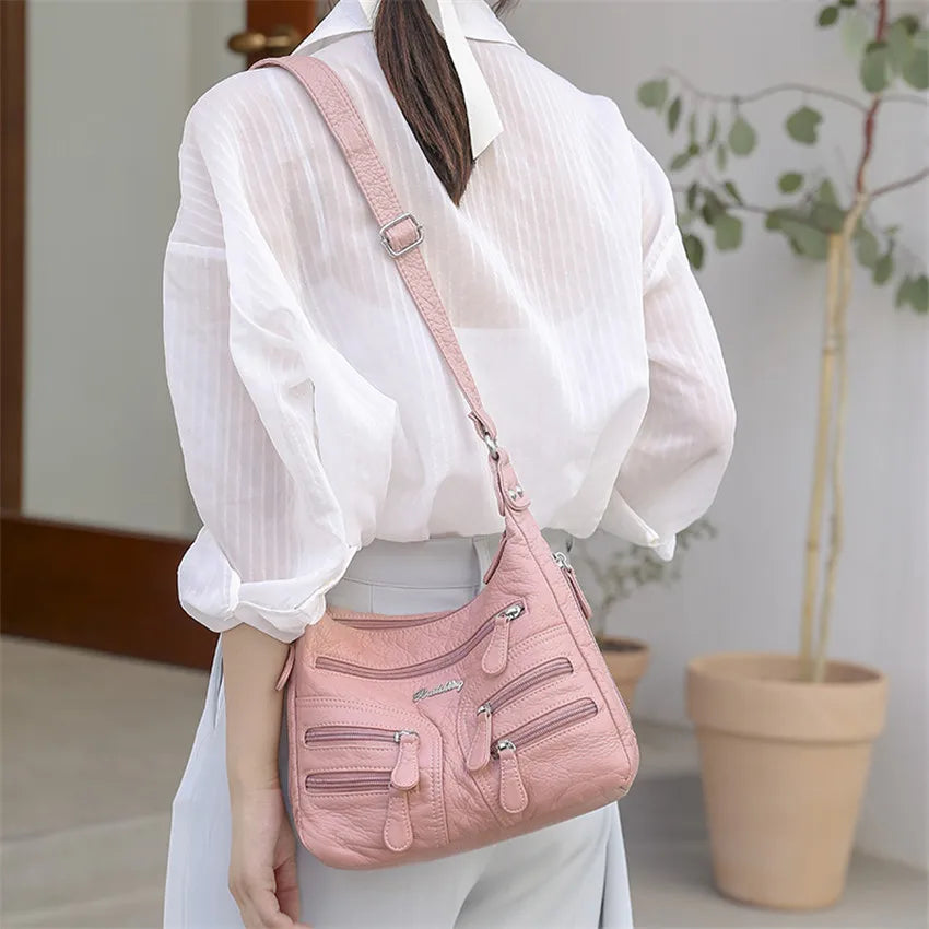 Small Soft Shoulder Bag Casual Women Bag Wash White Leather Crossbody Adjustable Multi-pocket  Ladies Pocket Bolsa De Ombro  New