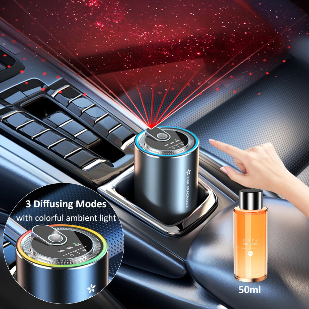 Car Aroma Diffuser with LED Starry Ambient Light 50ml Cologne Perfume Car Air Freshener Flavoring for Cars Fragrance Diffusers