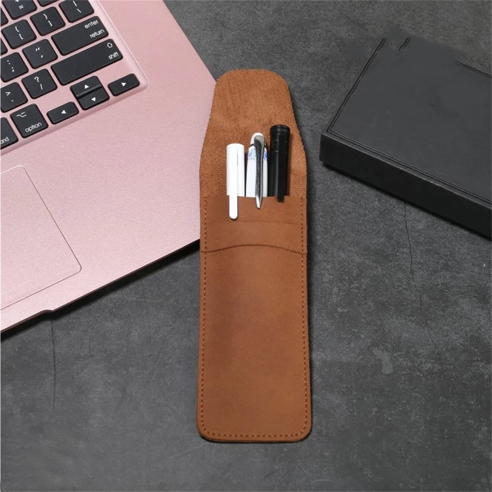 Vintage Leather Pencil Bag Flap Pen Case Pocket Portable Large Capacity Stationery Storage Bag Holder Office School Supplies