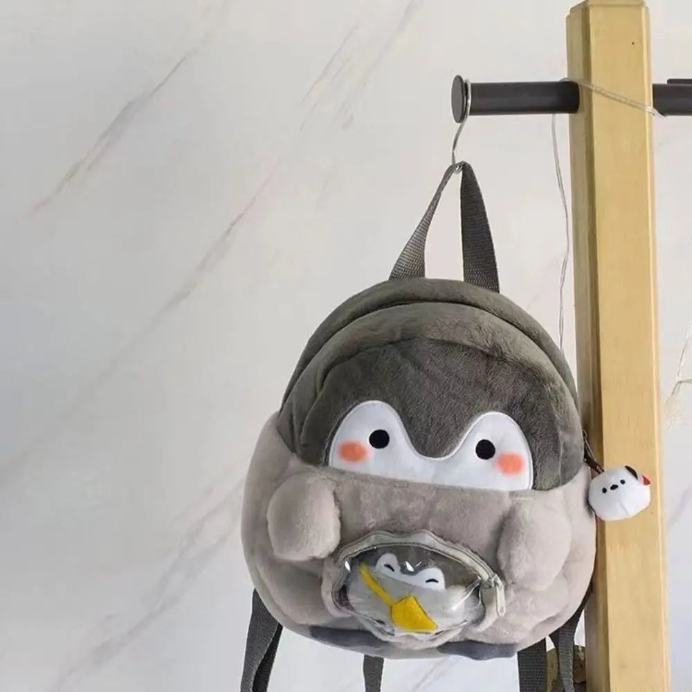 Transparent Plush Penguin Backpack with Pendant Large Capacity Children Schoolbag Coin Purse JK Lolita Cartoon Doll Bag Gift