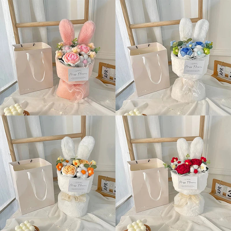 Artificial Roses Knitted Bouquet Handmade Wool Rabbit Ears Holding Bouquets Christmas Valentine Mothers' Day Birthday Gifts