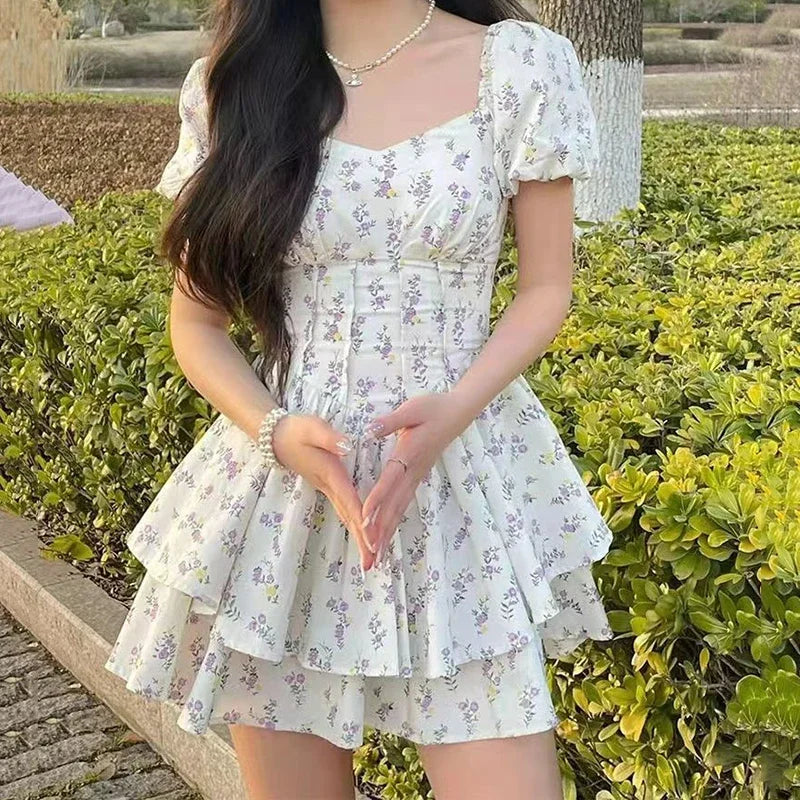 Dress Women Summer Party Dress Short Mini Puff Sleeve Sundress Kawaii Lovely Aesthetic Floral Dress Harajuku Female Clothing