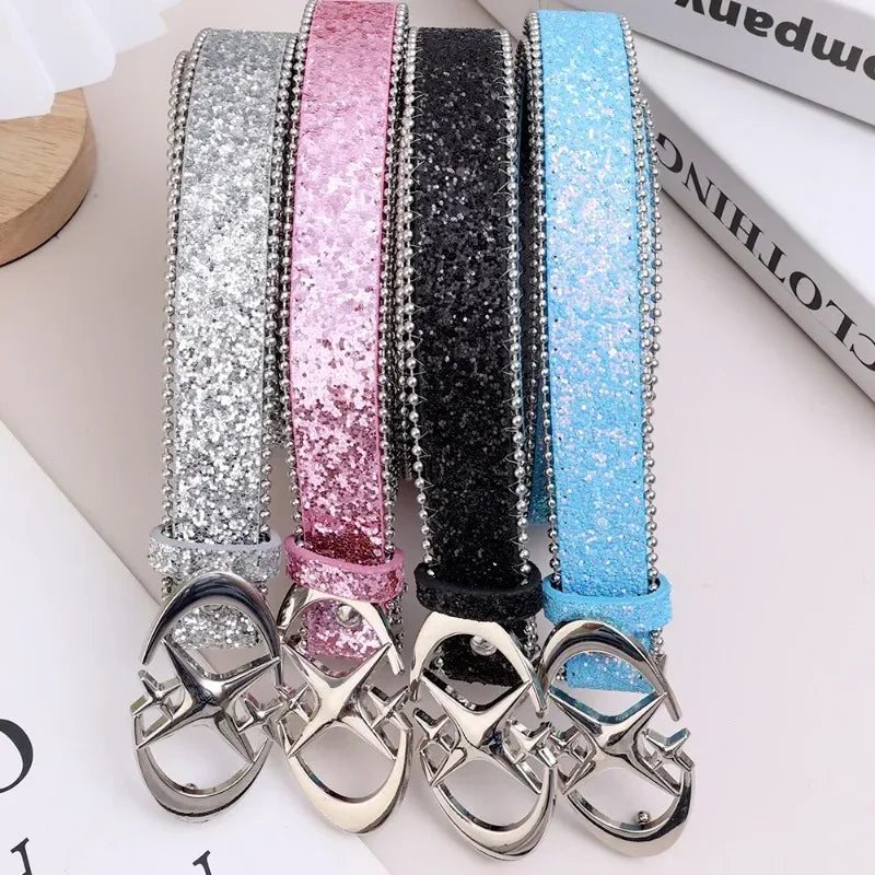 Luxury Sequin Punk Y2k Bling Star Rhinestone Belt Women's Brand Belt Metal Buckle Fashion Waistband Jeans Pants Decor Belt