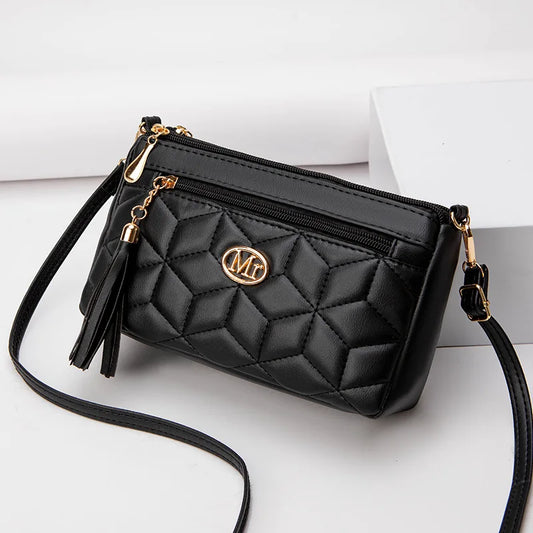 Double Zipper Crossbody Bag 2024 New Fashion PU Diamond Lattice Shoulder Bag Tassel Decoration More Zipper Pocket Large Capacity