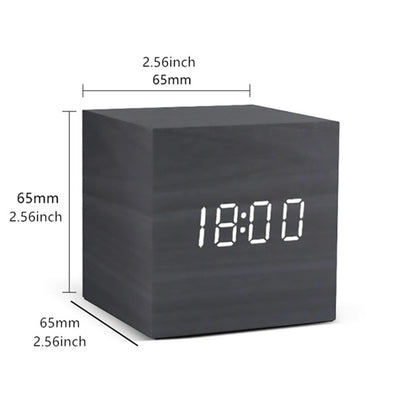 Square Digital LED Alarm Clock Wood Retro Glow Clock Desktop Table Decor Voice Control Snooze Function Desk Clock