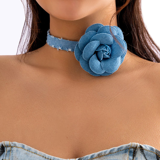 Blue Denim Strip with Large Flower Choker Necklace for Women Trendy 2023 Fashion Jewelry on Neck Accessories Ladies Girls Gifts