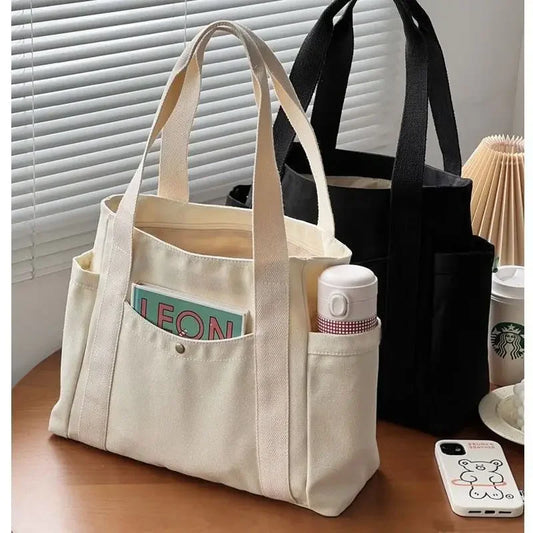 Woman's Fashion Large Capacity Canvas Tote Bags for Work Commuting Student Solid Color Single Shoulder Bags Simple Handbags