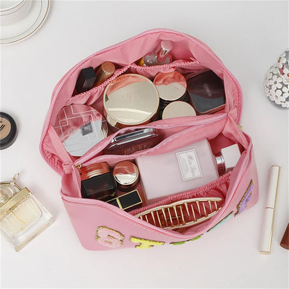 2024 New Women Waterproof Letter Skincare PU Leather Portable Makeup Cosmetic Toiletry Bag For Daily Use