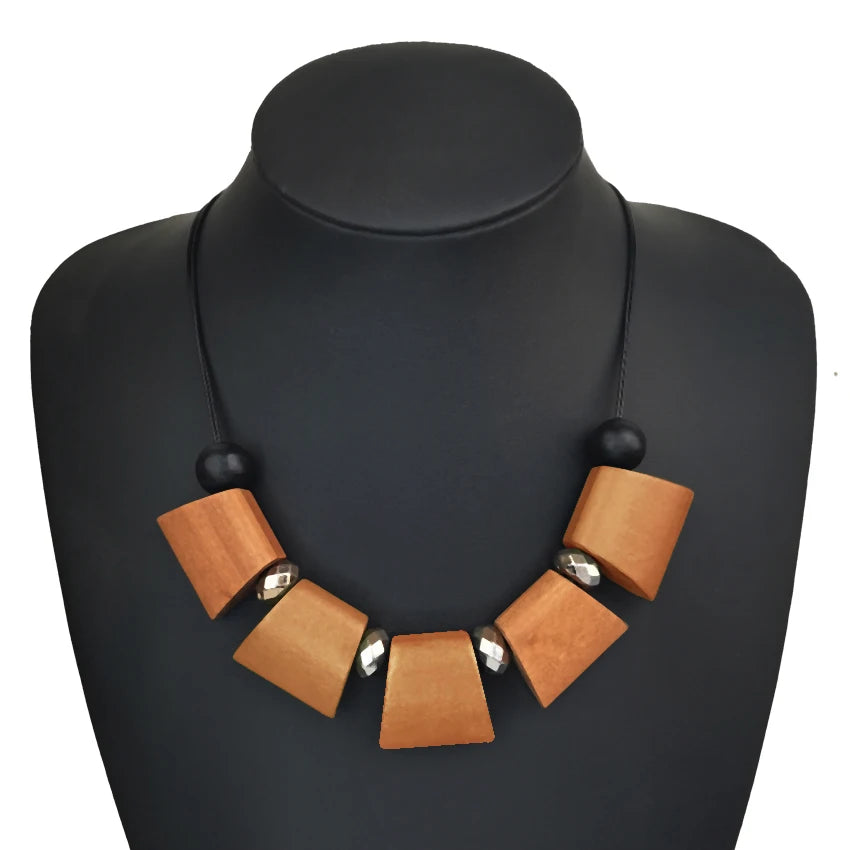 Women Vintage Ethnic Statement Bib Necklace Geometric Ladder Wood Beads Necklaces Pendants New Fashion Collar Neck Jewelry