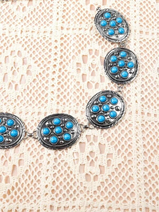 Fashion trend turquoise retro exaggerated oval carving metal atmosphere turquoise waist chain women