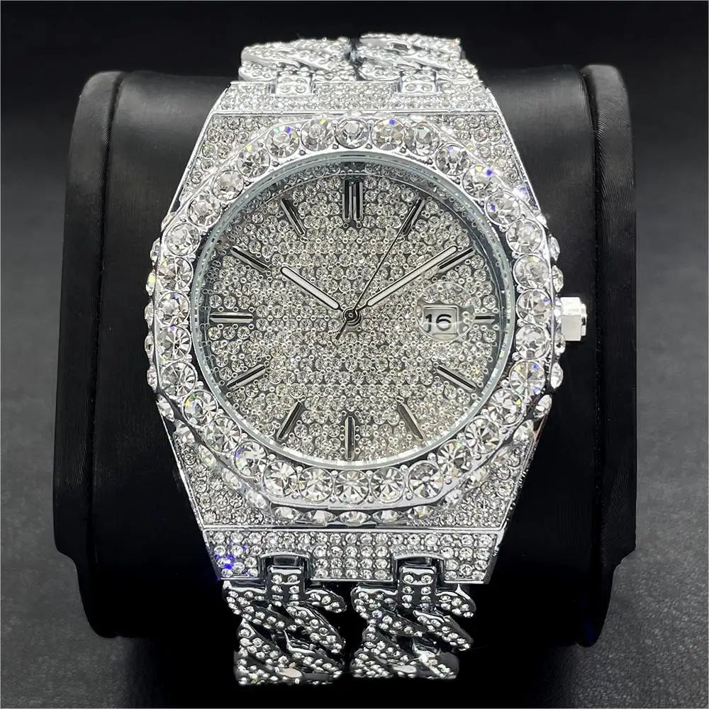 2024 Luxury Men Watches Brand MISSFOX Hip Hop Iced Out Diamond Watch Men Fashion Cuban Chain Quartz Clock Man Reloj Dropshipping