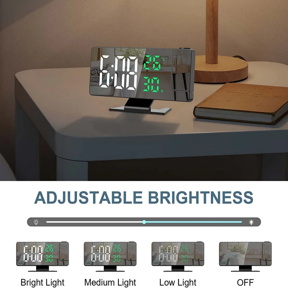 180° Arm Projection Digital Alarm Clock Temperature Humidity Night Mode Snooze 12/24H USB Plug-in Projector Table LED Clock