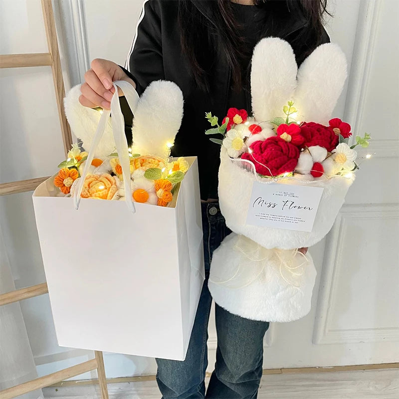 Artificial Roses Knitted Bouquet Handmade Wool Rabbit Ears Holding Bouquets Christmas Valentine Mothers' Day Birthday Gifts