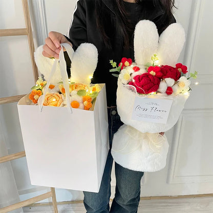 Artificial Roses Knitted Bouquet Handmade Wool Rabbit Ears Holding Bouquets Christmas Valentine Mothers' Day Birthday Gifts