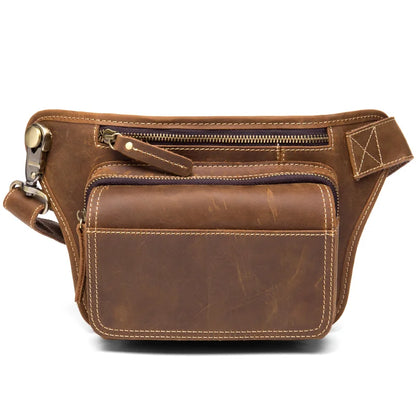 This vintage fashion leather waist bag from 2023 is a genuine leather sling bag designed for men. It serves as a chest bag, waist pack, or sling bag, offering both style and functionality