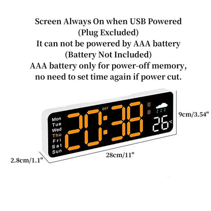 USB Powered Large Digital Wall Clock Remote Control TEMP Humidity Week 2 Alarm Timing Countdown 12/24H DST Table LED Alarm Clock