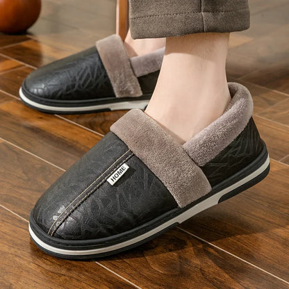 Men Shoes Winter New 2024 Keep Warm Plush PU Leather Waterproof Indoor Outdoor Walking Slippers Unisex Men Women Size 36-47