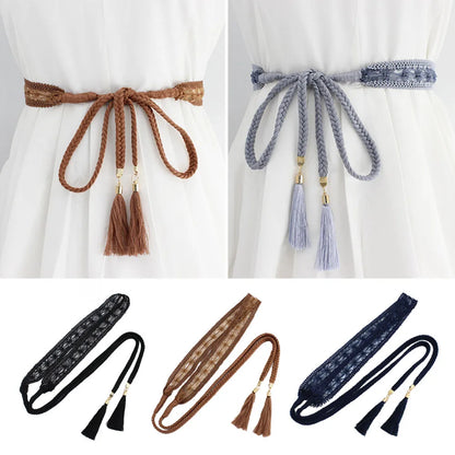 Braided Thin Waist Rope Knot Dress Decoration Waistbands Woven Tassel Belt Lace Cotton Thread Waist Chain Knitted Waist Belt DIY