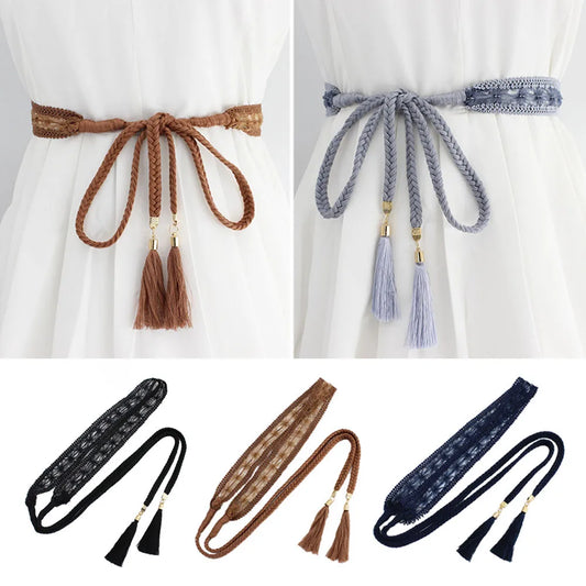 Braided Thin Waist Rope Knot Dress Decoration Waistbands Woven Tassel Belt Lace Cotton Thread Waist Chain Knitted Waist Belt DIY