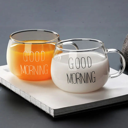 350ML Transparent Glass Coffee Tea Mug Creative Letter Printed Drinks Dessert Breakfast Milk Cup Mugs Handle Drinkware