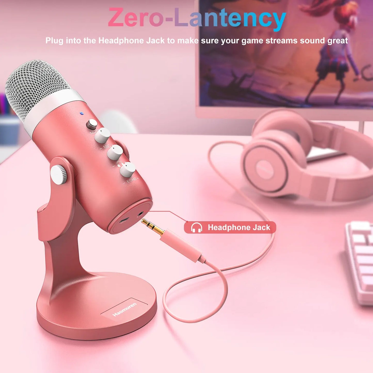 USB condenser microphone in pink, suitable for studio recording, gaming, streaming, podcasting, and vocals on various devices such as PC, Mac, computers, phones, laptops, and desktops.