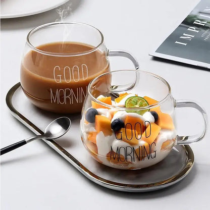 350ML Transparent Glass Coffee Tea Mug Creative Letter Printed Drinks Dessert Breakfast Milk Cup Mugs Handle Drinkware