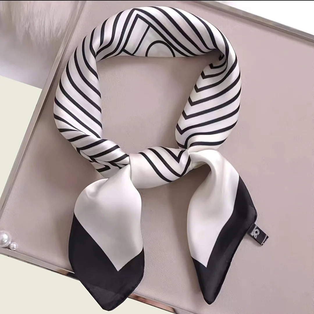 Square Imitation Silk Scarf Black And White Striped Head Wrap For Women Multifunction Silk Feeling Neckerchief