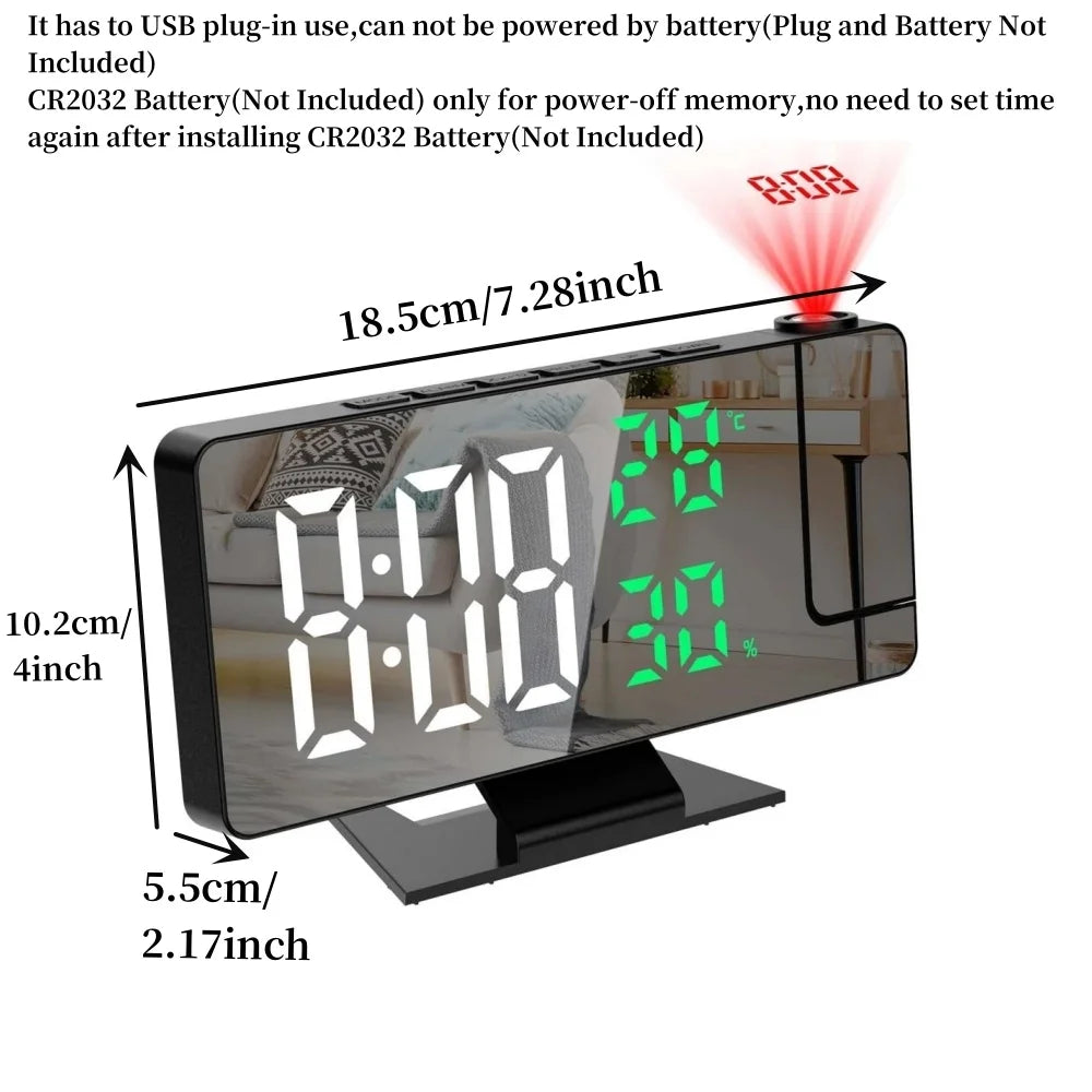 180° Arm Projection Digital Alarm Clock Temperature Humidity Night Mode Snooze 12/24H USB Plug-in Projector Table LED Clock