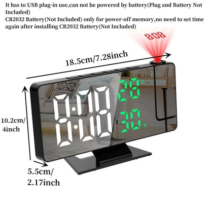 180° Arm Projection Digital Alarm Clock Temperature Humidity Night Mode Snooze 12/24H USB Plug-in Projector Table LED Clock