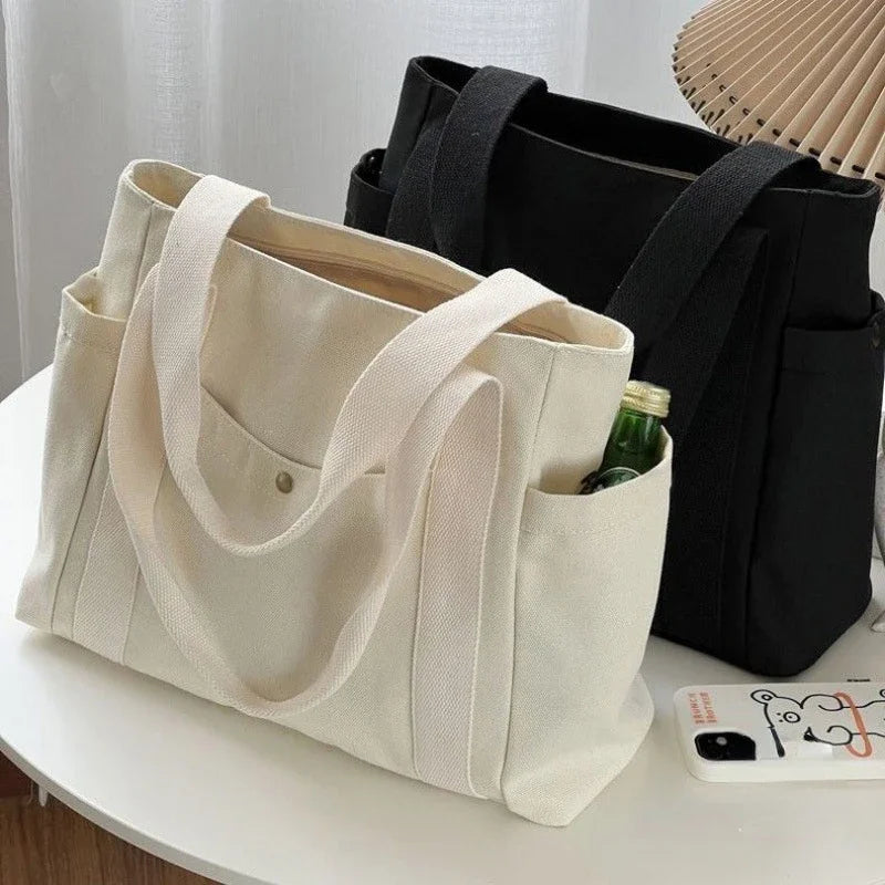 Woman's Fashion Large Capacity Canvas Tote Bags for Work Commuting Student Solid Color Single Shoulder Bags Simple Handbags