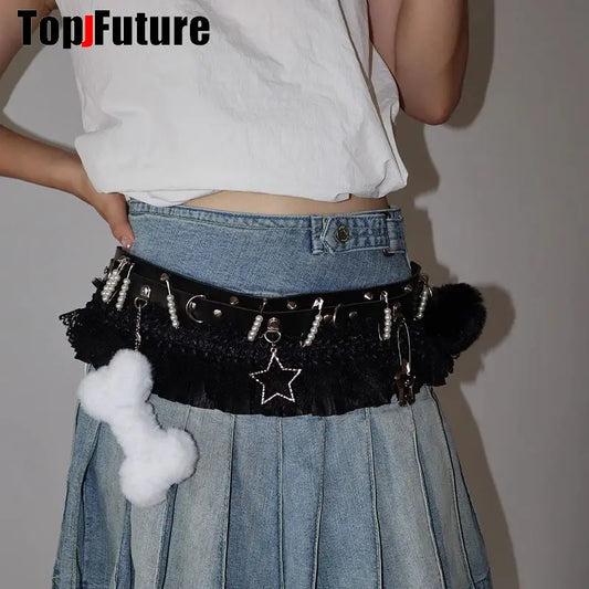 Women HAND MAKE Gothic Lolita Punk Harajuku full of pendants belt princess Y2K girl Millennium Spicy Girl heart star lace belt