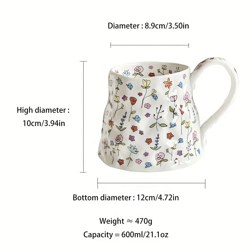 1pc 600ml Ceramic Coffee Mug with Floral Design Insulated Multipurpose Cup for Hot and Cold Beverages Hand Wash Only Reusable