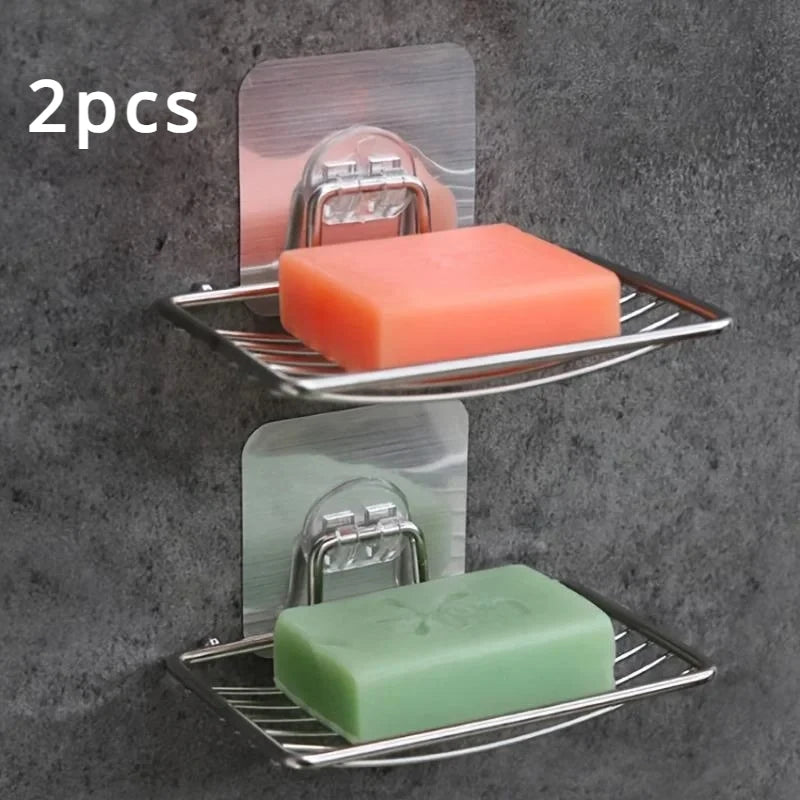 2pcs Stainless Steel Soap Dish Holder Self-Adhesive Wall Mounted Soap Sponge Holder For Home Kitchen Bathroom