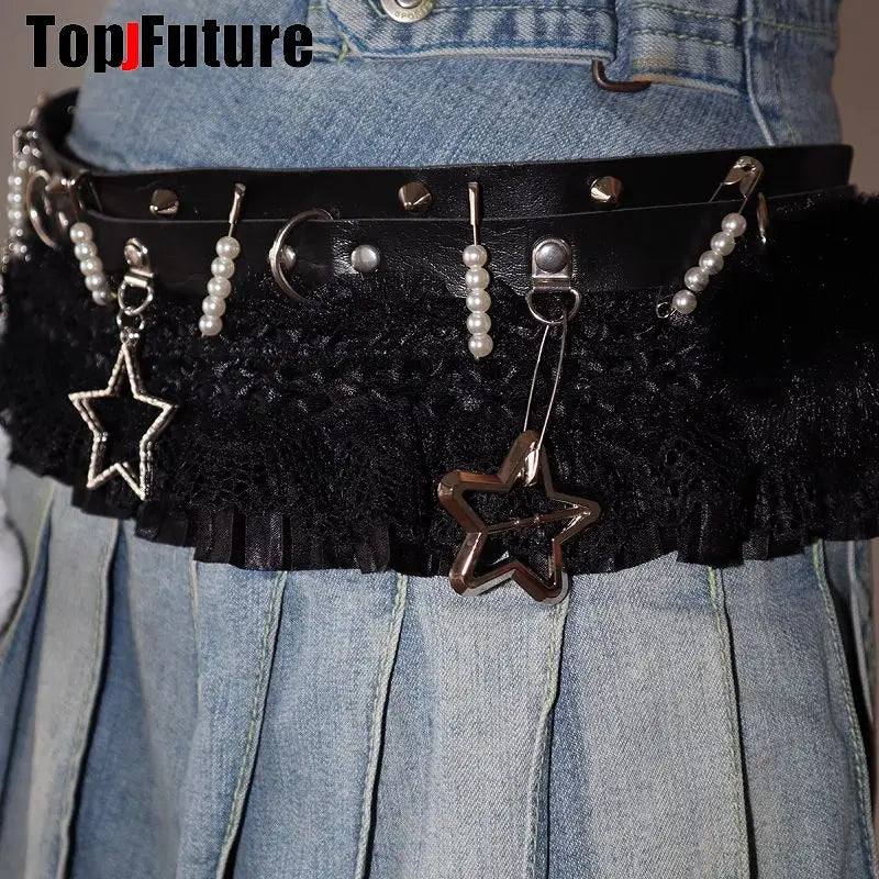 Women HAND MAKE Gothic Lolita Punk Harajuku full of pendants belt princess Y2K girl Millennium Spicy Girl heart star lace belt